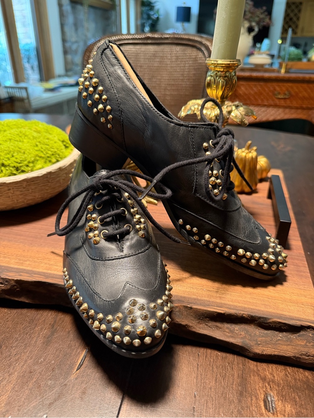 Miista Black Leather Lace-Up Boots with Gold Studs